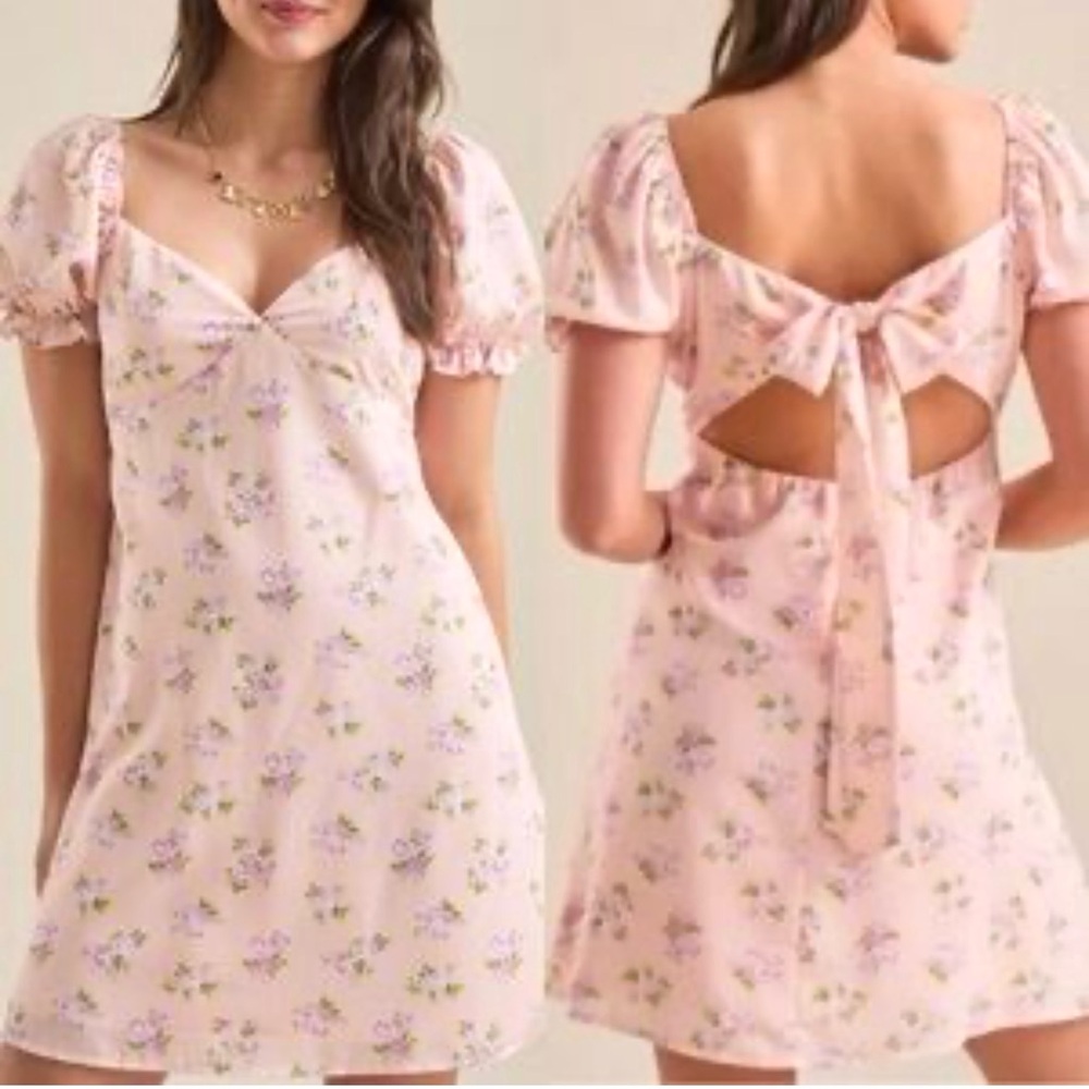 Altar’d State Marin Pale Pink Floral Y2K Babydoll Puff Sleeve Mini Dress